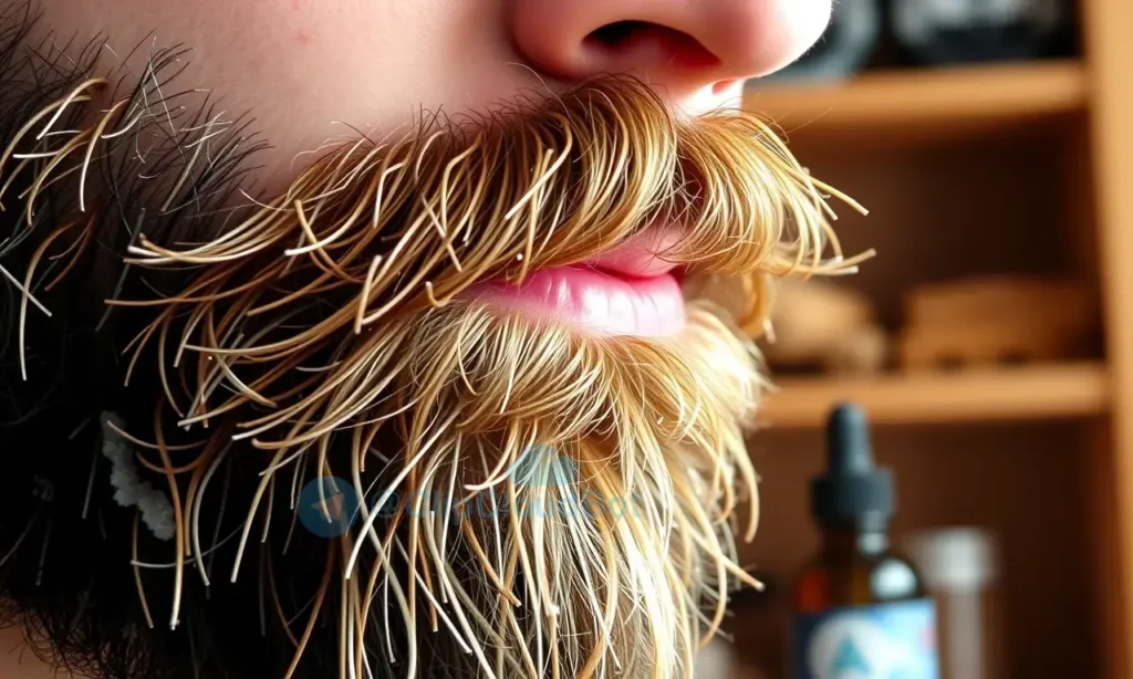 A close-up of a well-groomed beard with soft natural lighting, showing healthy, moisturized facial hair without dryness or brittleness, subtle frost-like glimmers on the tips suggesting winter care, background blurred with warm indoor tones like a wooden shelf and a small bottle of beard oil nearby, no text, no logos, no people visible, only the beard and grooming essentials