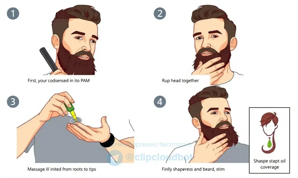 A clear step-by-step illustration showing a man with a beard applying beard oil correctly: first combing the beard, then dispensing oil into palm, rubbing hands together, massaging oil into beard from roots to tips, and finally shaping the beard. The scene should be clean, well-lit, and show proper technique with focused attention on hand movements and beard coverage. Include a small inset diagram highlighting the correct oil amount and application areas. No text or labels on the image.