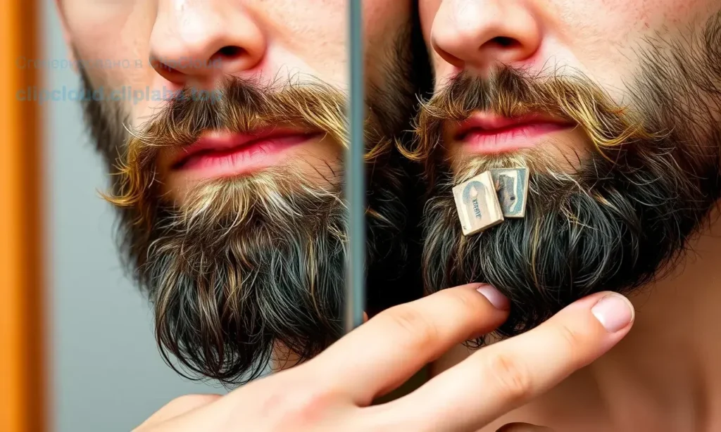 A close-up portrait of a man with a partially damaged beard, showing uneven patches and signs of recent trimming. The man should have a thoughtful expression, looking at his beard in a mirror. The background should be simple and neutral, focusing on the beard's condition.