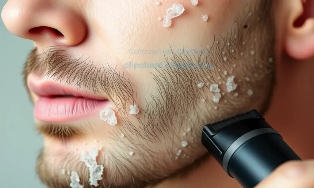 A close-up of a man's face showing dry skin around the beard area after using a trimmer and shaving the contours, with visible flaky or rough patches, natural lighting, realistic skin texture, no text or symbols on the skin, no medical diagrams or illustrations