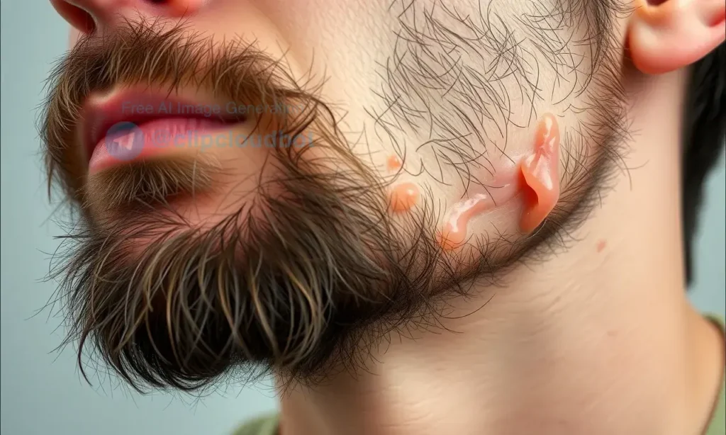 A close-up of a person's beard area with skin appearing stressed, dry, and congested. Show signs of irritation, redness, and visible pores. Include subtle details like flakiness and trapped oil under the beard. The background should be neutral to focus on the skin condition.