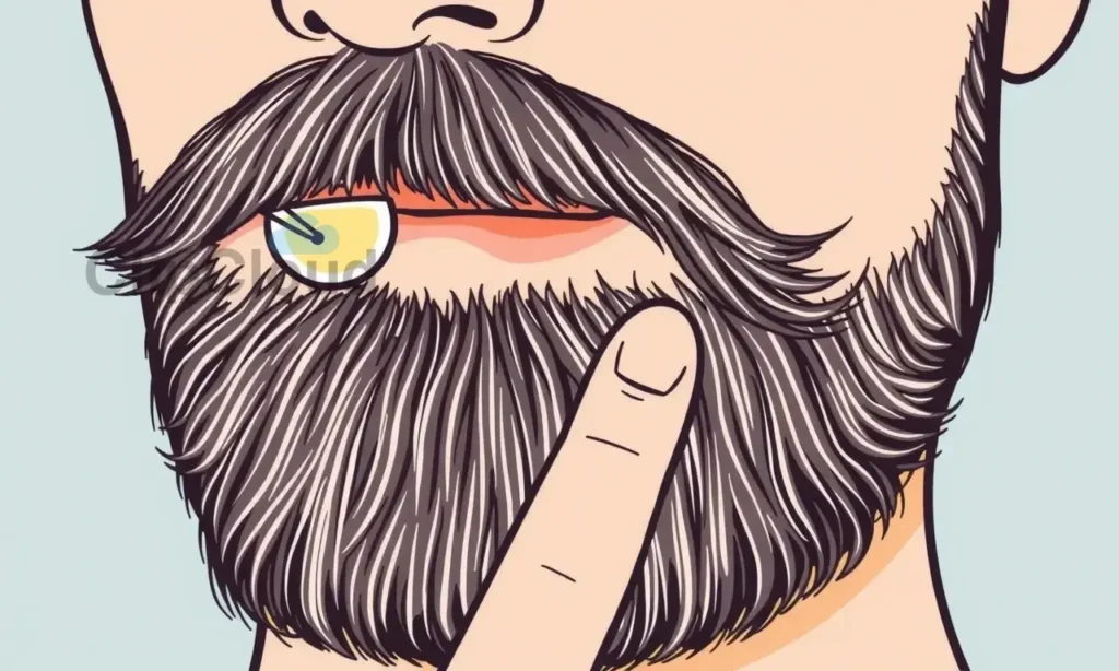 A close-up illustration showing a man's beard with individual hairs being carefully separated and treated with a small amount of beard wax, demonstrating proper dosage for neat styling without clumping, in a clean, instructional style