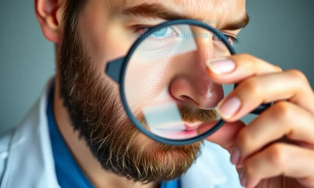 A close-up portrait of a man with oily skin under his beard, subtle shine on the skin, professional dermatologist in a white coat analyzing skin with a magnifying glass, soft natural lighting, clean background, no text or numbers