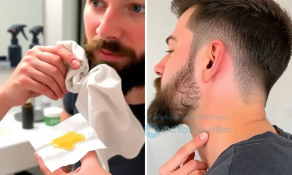 A person cleaning beard wax residue with a soft cloth, showing a clean beard area and a small amount of melted wax on a tissue, in a bathroom setting with a mirror and grooming tools visible