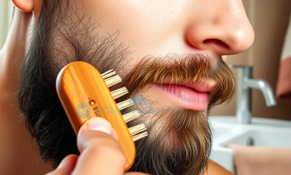 A close-up of a well-groomed beard being gently combed with a wooden beard brush, showing healthy facial hair and skin, soft natural lighting, subtle beard oil droplets on the hairs, background blurred with a bathroom sink and towel in warm neutral tones, emphasizing preparation for beard growth