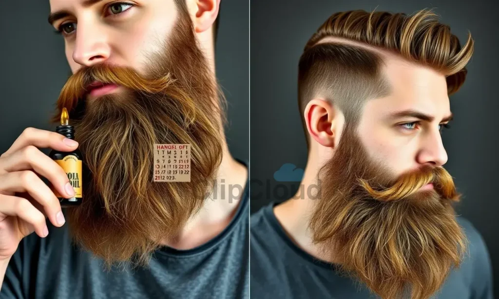 A bearded man with a full, well-groomed beard applying beard oil from a small bottle, with a calendar showing days marked for application, and a split image showing the beard looking healthy on one side and dry/brittle on the other side to illustrate oil overload effects