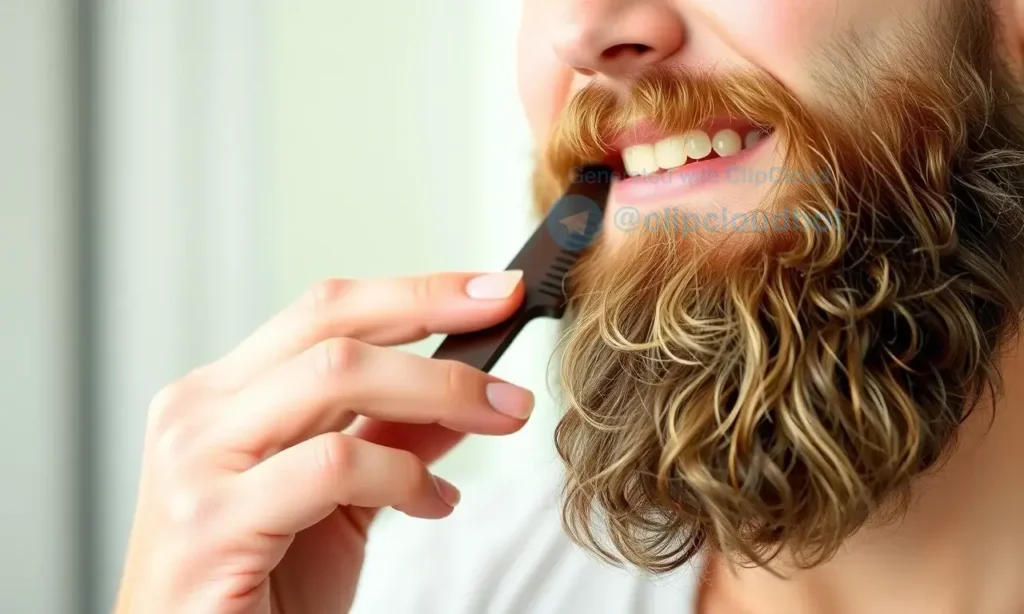 A man with a full, healthy beard being gently groomed with a comb and oil, showing thick hair follicles and smooth skin, symbolizing proper beard care to prevent thinning and brittleness, in a clean, natural setting with soft lighting
