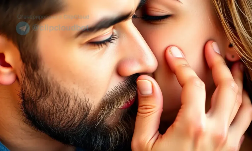 A close-up portrait of a man with a well-groomed beard, gently touching his partner's cheek with his beard, showing soft, smooth facial hair that does not irritate; warm natural lighting, intimate and tender moment, shallow depth of field, realistic skin texture, no visible stubble or roughness, focus on comfort and affection in a romantic relationship