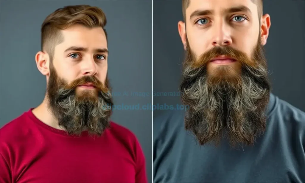 A man with a full beard standing confidently, then the same man after shaving his beard, with a visual comparison showing the beard appearing sparser or patchier after shaving, illustrating the psychological perception of reduced beard density, in a clear, realistic style with detailed facial features and natural lighting