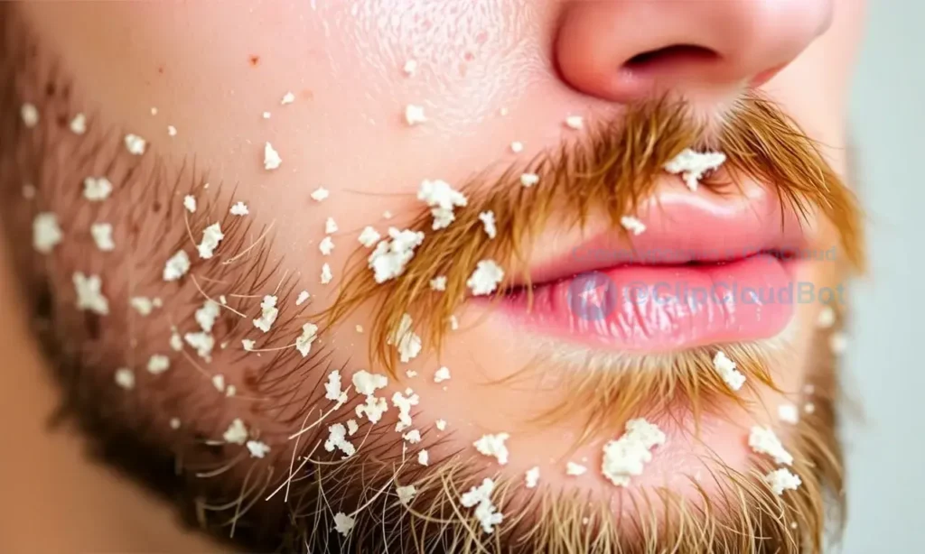 A close-up of a man's face showing dry, flaky skin under the beard after a shower, with visible white flakes on the skin beneath facial hair, soft natural lighting, realistic skin texture, no text or symbols
