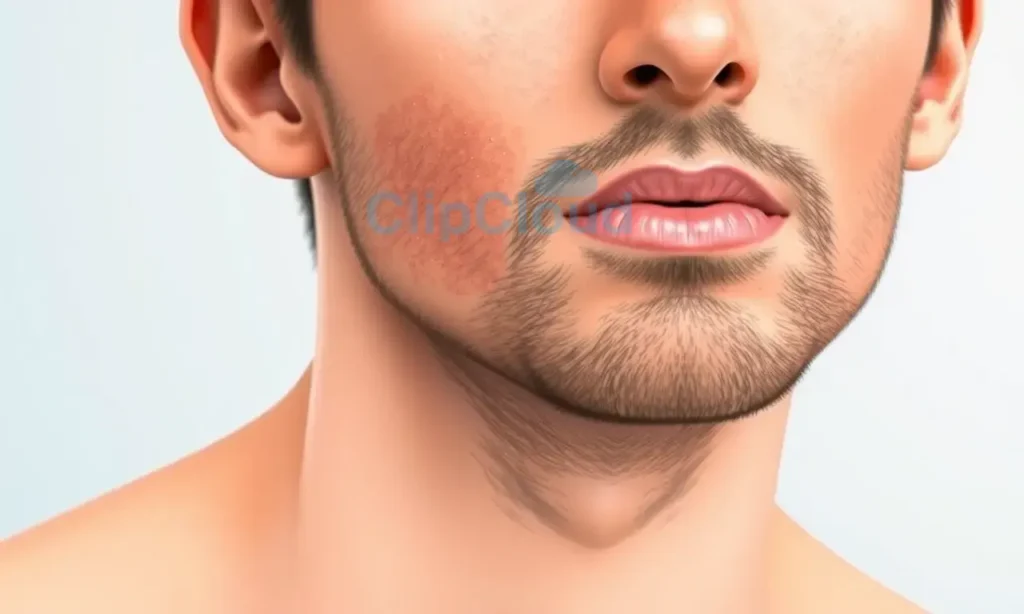 A man with a patchy, sparse beard after shaving, showing visible skin texture and uneven hair growth patterns on his chin and jawline, realistic medical illustration style with clear anatomical details