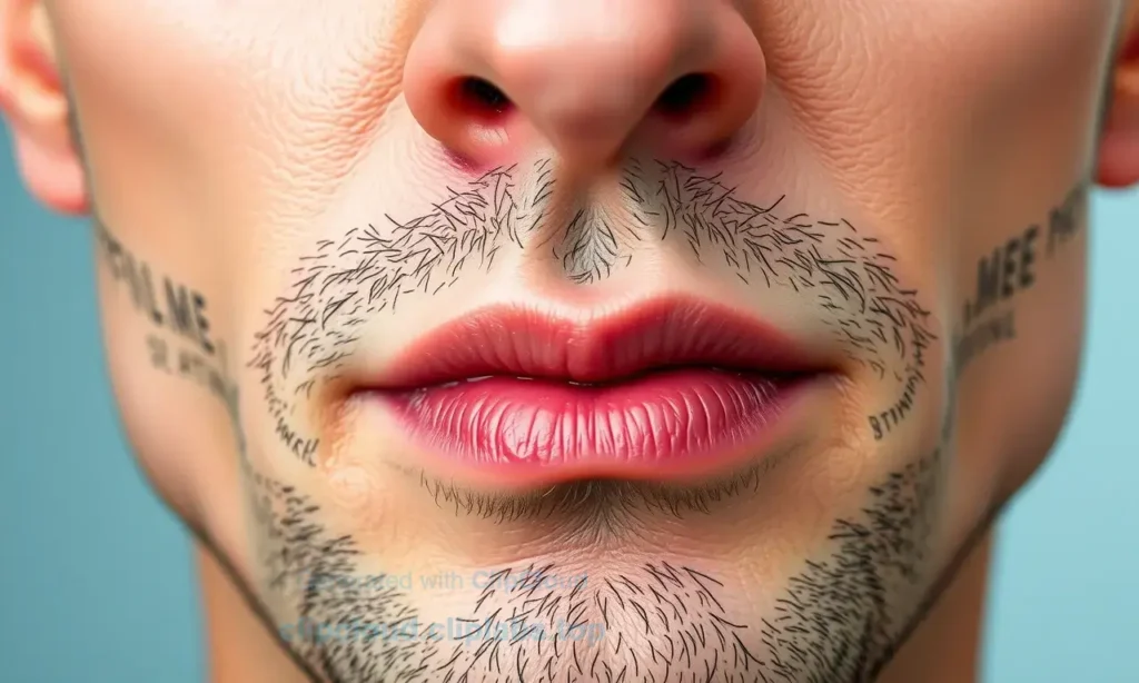 A close-up of a man's clean-shaven face with a small patch of red, slightly inflamed skin under the chin area, showing subtle irritation and redness, realistic skin texture, natural lighting, no text or symbols on skin, no makeup, no digital artifacts