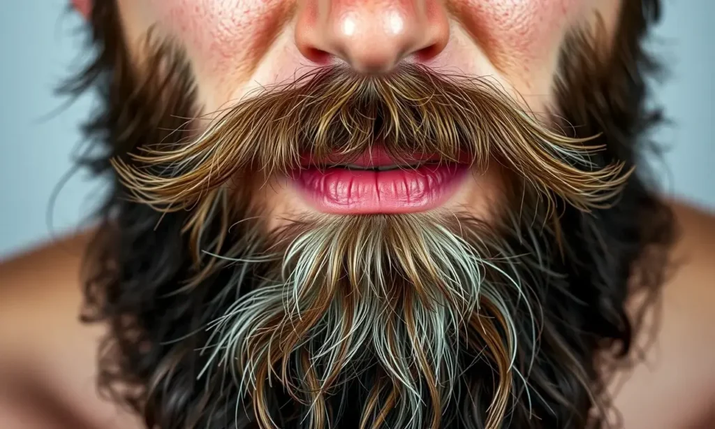 A close-up portrait of a man with a full, thick beard growing on a face with oily skin, showing healthy skin texture and even beard growth, realistic lighting, high detail, no text or symbols on the face