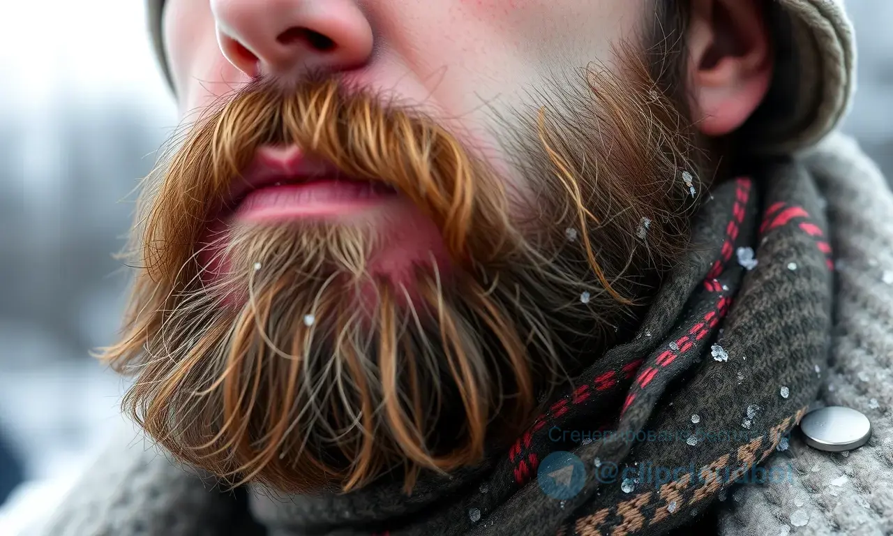 A person with a beard experiencing skin irritation under the beard due to wind and cold. Show redness, dryness, and discomfort on the skin beneath the beard. Include a cold, windy outdoor environment with snow or frost in the background. The person should be wearing winter clothing, such as a coat and scarf, to emphasize the cold weather context.