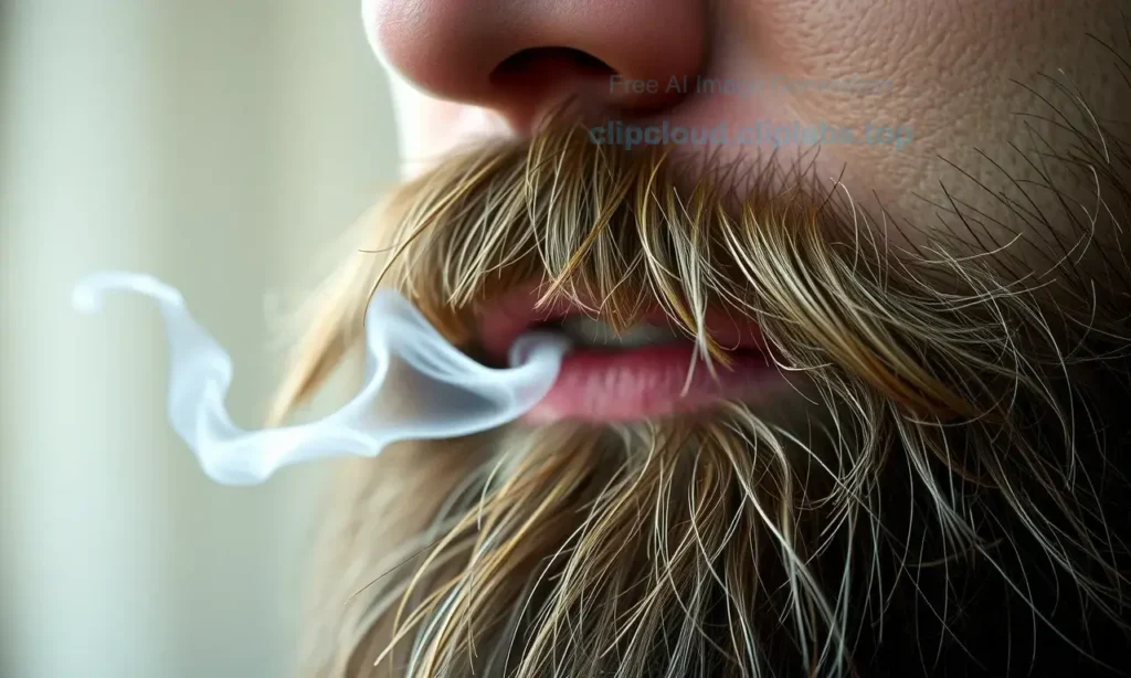 A close-up of a man's beard with visible tobacco smoke particles lingering in the hair, soft natural lighting, realistic skin and hair texture, subtle yellowish discoloration on the beard hairs from tobacco residue, background blurred to emphasize the beard, no text, no symbols, no additional objects