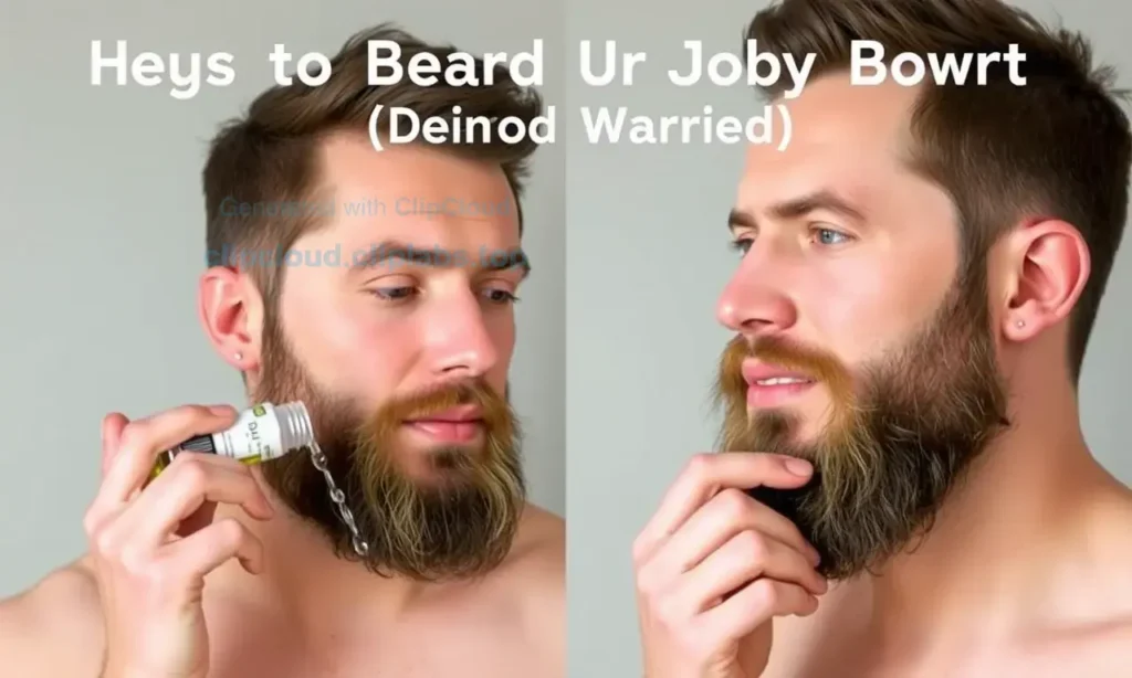 A man with a neatly trimmed beard preparing for beard growth, showing the initial steps of beard care such as washing, applying beard oil, and gentle brushing. The image should depict a clean, healthy beard foundation with natural lighting and a calm atmosphere.