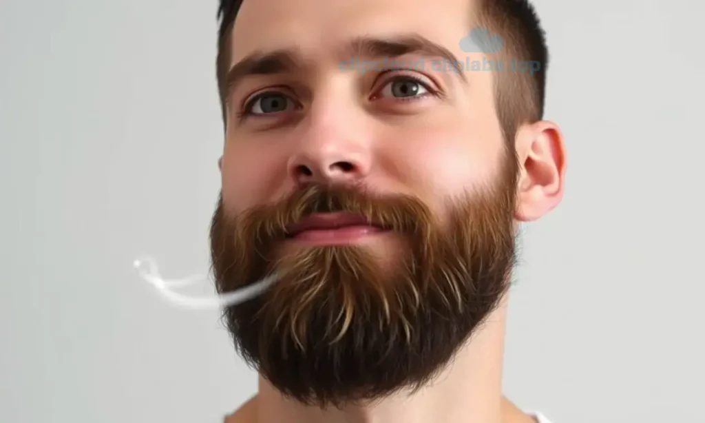A clean, well-groomed man with a full beard and mustache, shown in a close-up portrait against a neutral background, illustrating the topic of beard and mustache odor. The image should convey freshness and cleanliness, with subtle visual cues like a fresh scent symbol (e.g., a wisp of air or a clean, crisp atmosphere) to represent the absence of odor. No text, labels, or numbers should appear in the image.