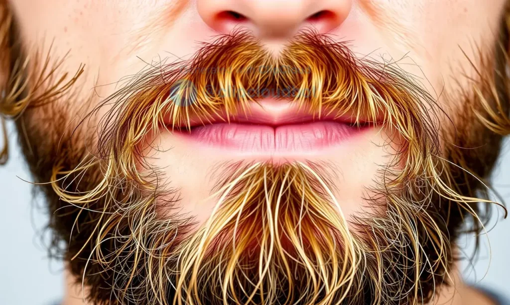 A close-up of a well-groomed man's beard with dry, split ends, showing natural skin on his face, realistic texture, high detail, neutral lighting, no text or symbols, clean background