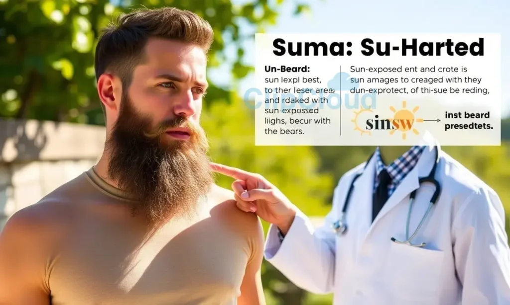 A man with a beard standing outdoors in bright sunlight, showing the contrast between sun-exposed lighter beard areas and shaded darker areas, with a dermatologist pointing to the beard while explaining sun damage and protection methods, clear educational infographic style