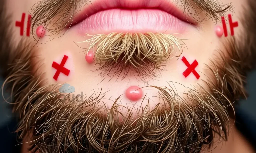 A close-up of a man's beard area showing inflamed pimples and acne-like bumps on the skin beneath the beard, realistic skin texture with visible pores and irritation, natural lighting, no text or symbols on skin, no makeup or cosmetic products visible, no medical diagrams or illustrations