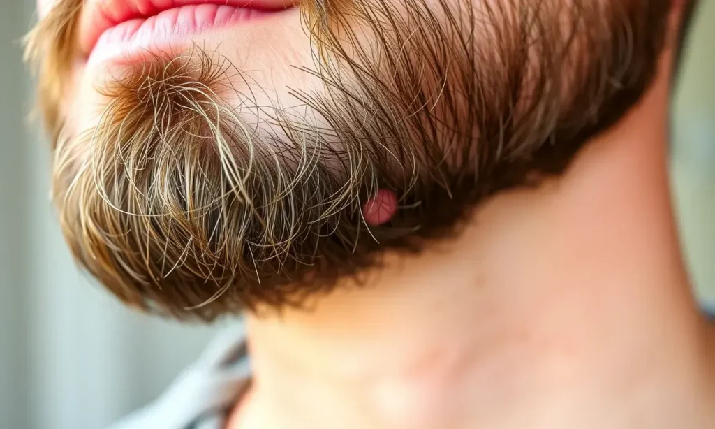 A close-up of a well-groomed beard with subtle ingrown hairs visible as small red bumps beneath the skin, surrounded by healthy facial hair, soft natural lighting, realistic skin texture, no text or symbols, medical illustration style but photorealistic, focus on skin health and beard care
