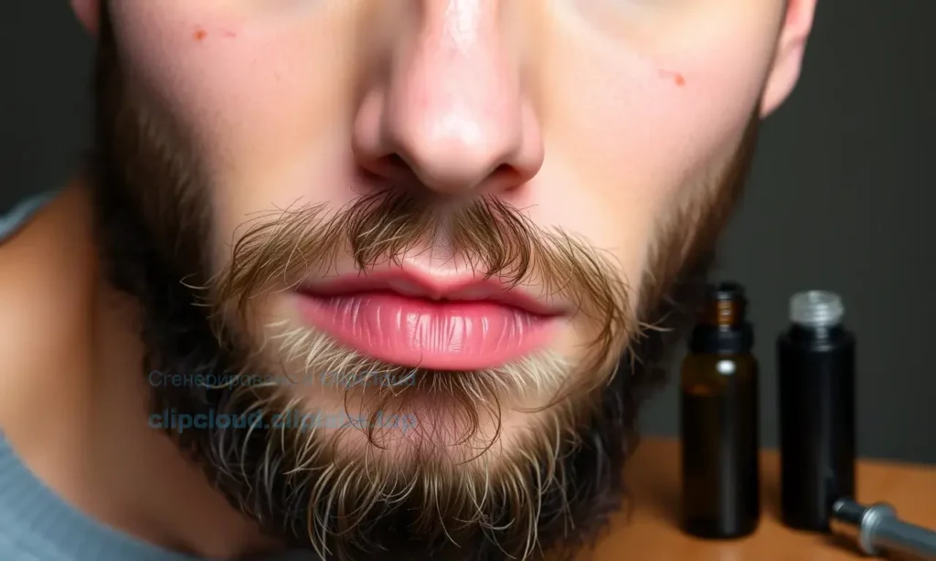 A close-up of a man's face showing mild skin redness on the cheeks and jawline after using beard oil, with a small bottle of beard oil nearby on a wooden surface, soft natural lighting, realistic skin texture, no text or symbols