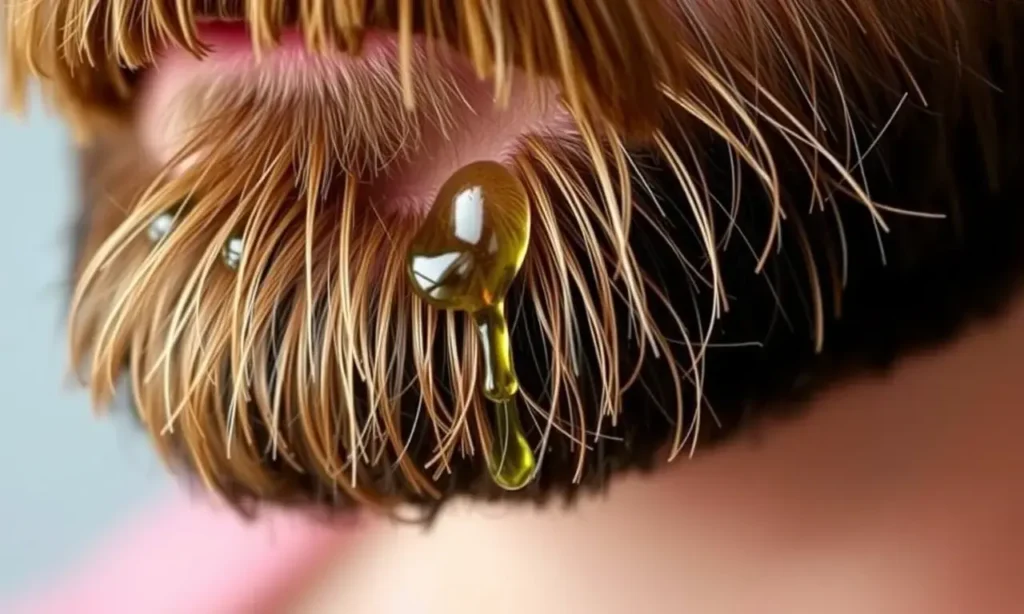 A close-up of a well-groomed man's beard with visible droplets of oil on the hair, showing a glossy but not greasy shine, natural lighting, realistic texture, no text or symbols on the image