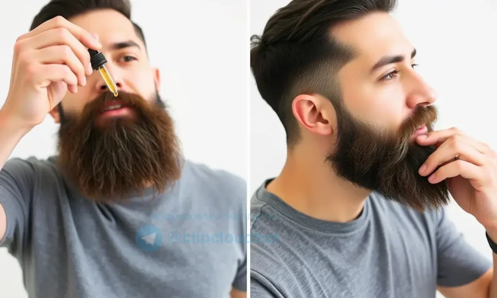 A person applying beard oil to their beard, showing the correct technique with hands massaging the oil into the beard and skin. The background is clean and minimal to focus on the action. The person has a well-groomed beard, and the oil is visible as it spreads through the hair.
