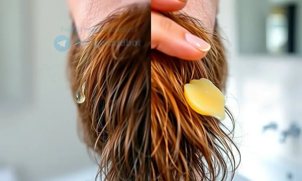 A close-up of a well-groomed man's beard with two distinct sections: one side showing a drop of clear beard oil glistening on the hair, the other side showing a small amount of natural wax being applied with a fingertip, both against a clean, minimalist bathroom countertop background with subtle natural lighting, emphasizing texture contrast between oil-slicked and wax-coated beard hairs