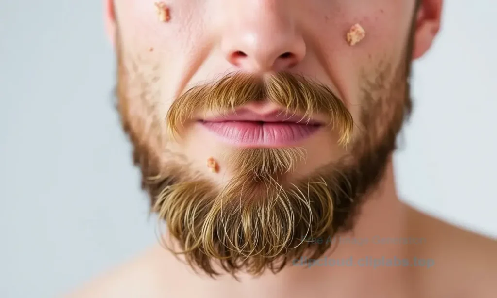 A close-up portrait of a man with a beard, showcasing dry skin on his face. The image should highlight the texture and flakiness of the skin, emphasizing the need for proper skincare. The man should have a neutral expression, and the focus should be on the skin condition rather than the beard itself.