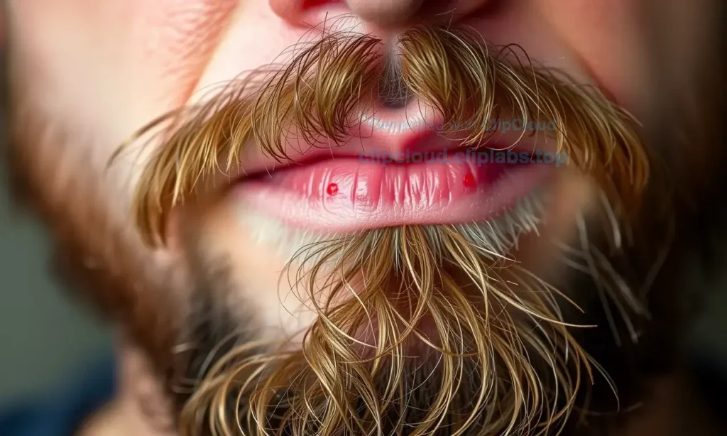 A close-up of a man's beard with visible ingrown hairs causing small red bumps and inflammation on the skin beneath the facial hair, showing subtle irritation and tenderness, soft natural lighting, high detail on skin texture and hair follicles, no text or symbols