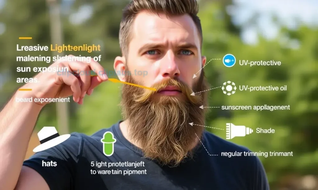 A man with a beard standing outdoors in bright sunlight, showing visible lightening of beard color on sun-exposed areas, with a dermatologist or skincare expert pointing to the affected areas, and visual examples of 5 protective methods like hats, UV-protective beard oil, sunscreen application, shade, and regular trimming to maintain pigment