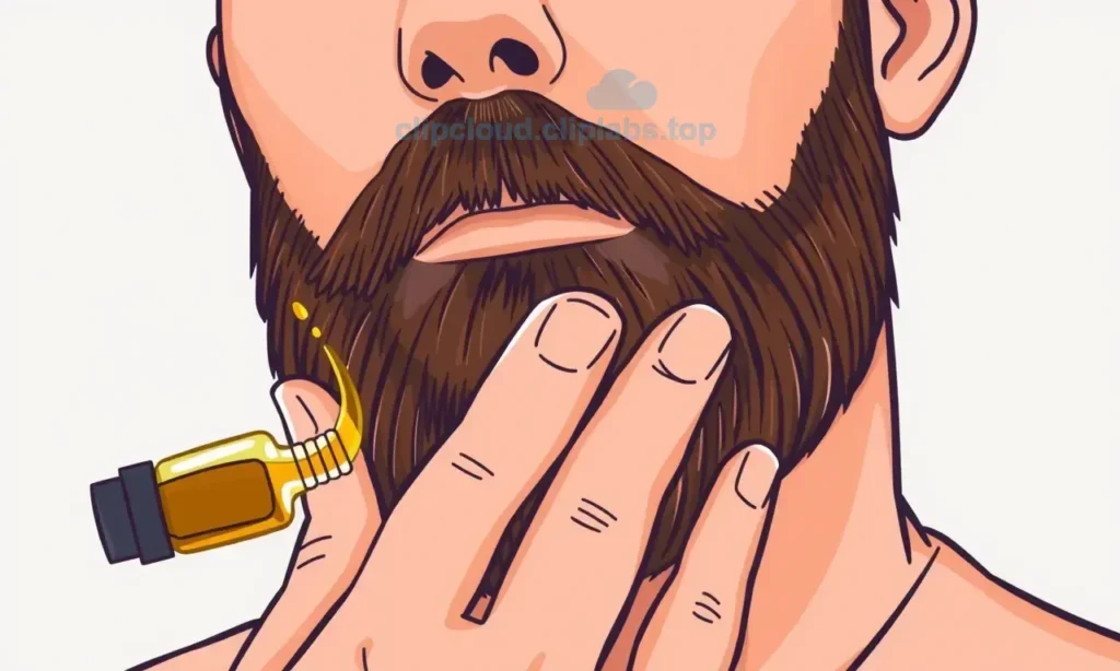 A man with a full beard applying beard oil to his facial hair, close-up view showing the oil being massaged into the beard, natural skin texture, healthy beard appearance, clean background, realistic illustration style