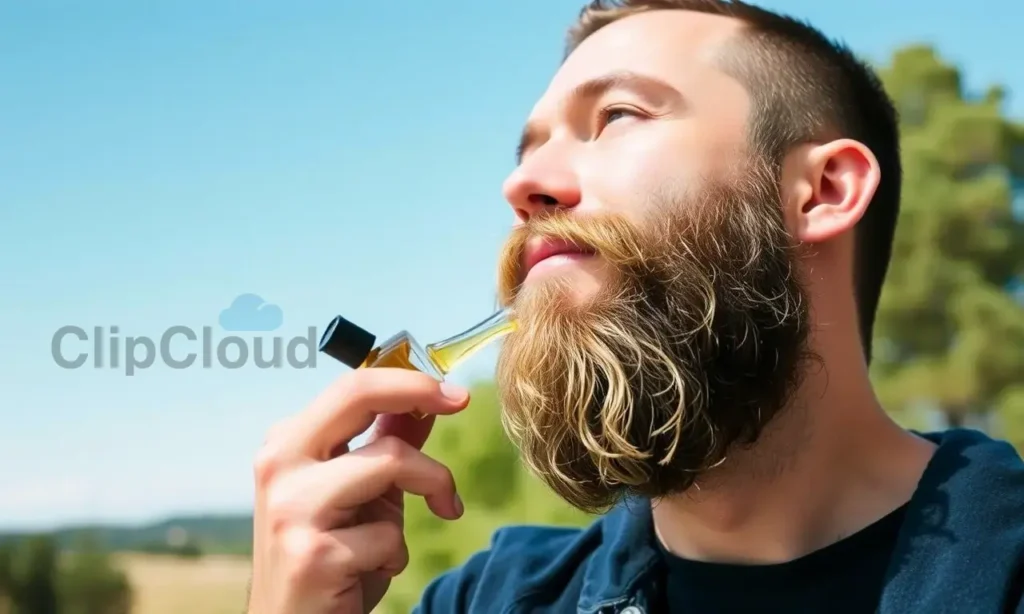 A man with a well-groomed beard enjoying a sunny day outdoors. He is applying beard oil to keep it fresh and clean. The background shows a summer landscape with trees and a clear blue sky.