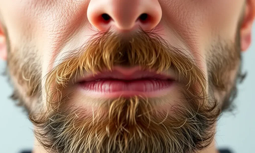 A close-up of a man's face showing patchy, uneven beard growth with sparse areas and thicker clumps, soft natural lighting, realistic skin texture, no facial expressions, focus on beard irregularities