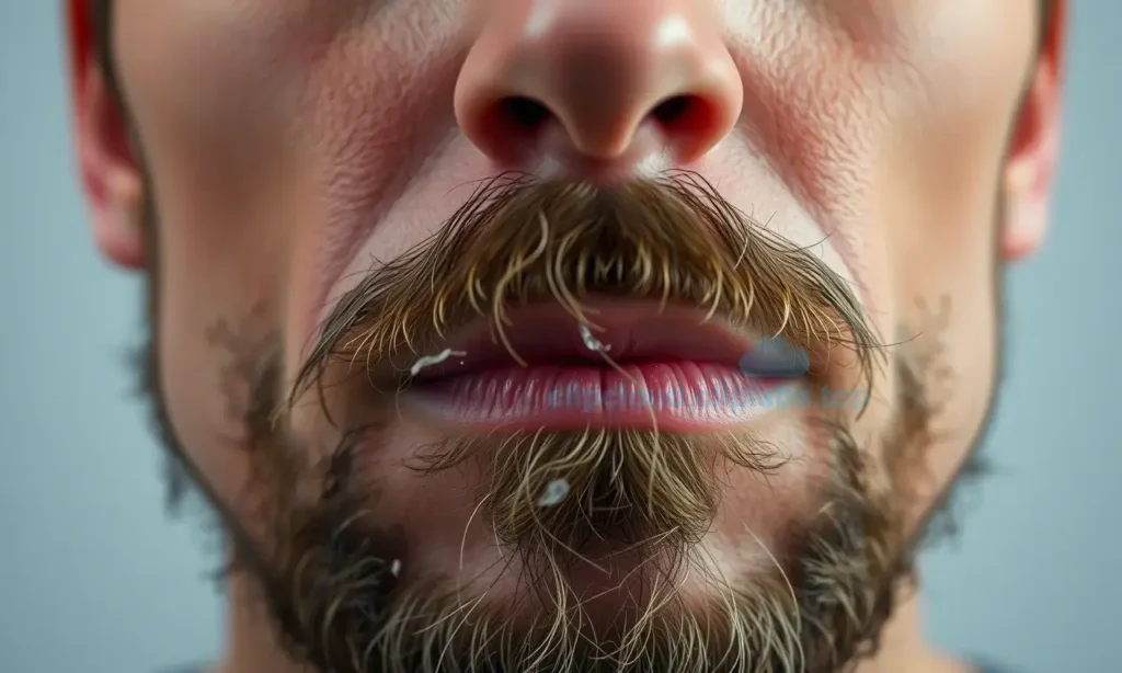 A close-up of a man's face showing a few loose beard hairs falling off like small flakes, with a neutral background, realistic skin texture, natural lighting, no text or symbols on the face, no exaggerated effects