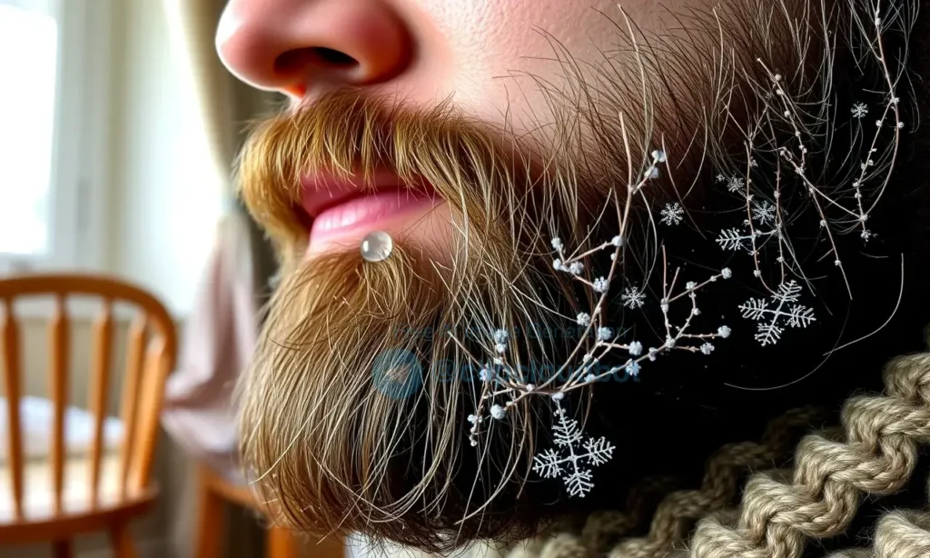 A close-up of a well-groomed beard in winter, showing healthy, moisturized facial hair with subtle frost or snowflakes gently resting on the strands, soft natural daylight from a window, warm indoor background with blurred wooden furniture and a cozy knit blanket, no visible skin irritation or flaking, focus on texture and hydration of the beard hairs
