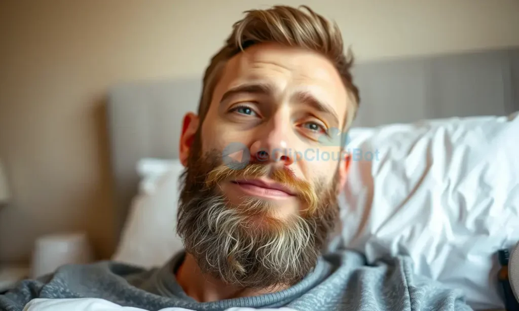 A man waking up with a slightly disheveled beard, looking groggy but refreshed, in a cozy bedroom setting with soft morning light. The focus is on the beard needing a quick tidy-up, with grooming tools like a comb or beard oil subtly visible in the background.