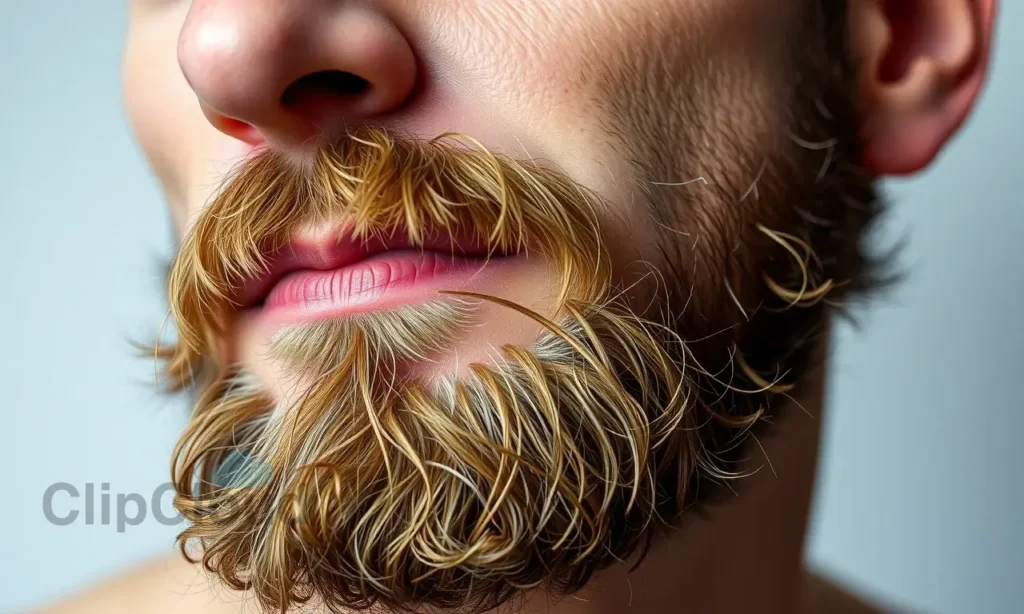 A close-up of a man's face showing a beard that appears unkempt despite daily grooming, with visible stray hairs, uneven texture, and slight patchiness, soft natural lighting, realistic skin and hair detail, no text or symbols