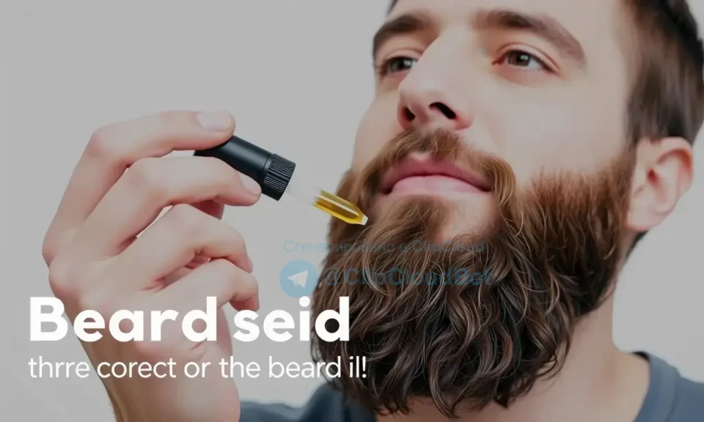A man applying beard oil to his beard, showing the correct technique with a dropper, focusing on the beard area. The image should depict a clean, well-groomed beard with oil being applied to the hair and skin underneath. The background should be neutral and simple to emphasize the action.