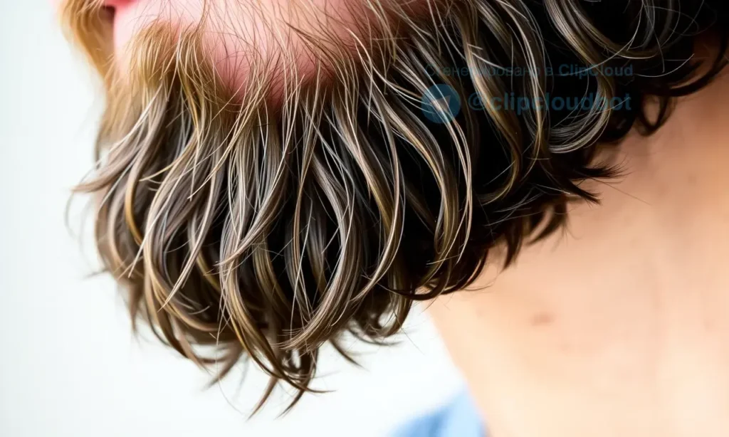 A close-up of a well-groomed beard with split ends visible on individual hairs, set against a soft neutral background. The beard is dark brown with subtle natural highlights, showing texture and slight frizz at the tips where the hair frays into two or more strands. No scissors, razors, or cutting tools are present. The lighting is soft and natural, emphasizing hair detail without harsh shadows. The image conveys a calm, informative tone suitable for a grooming guide.