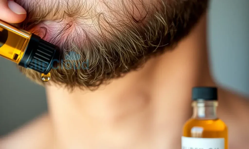 A close-up of a man's beard with a few drops of hair oil being applied, showing natural facial hair texture, soft lighting, and a small bottle of oil nearby, no text or labels visible