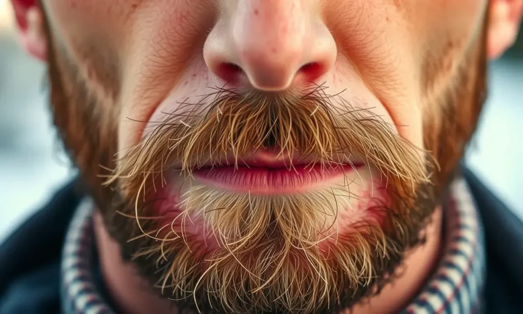 A close-up of a man's face with a neatly trimmed beard, showing red, irritated skin under the beard caused by wind and cold. The skin appears slightly chapped and sensitive, with subtle wind-blown effect on exposed areas. Soft natural lighting, realistic skin texture, no text or symbols on skin, no medical diagrams or labels.