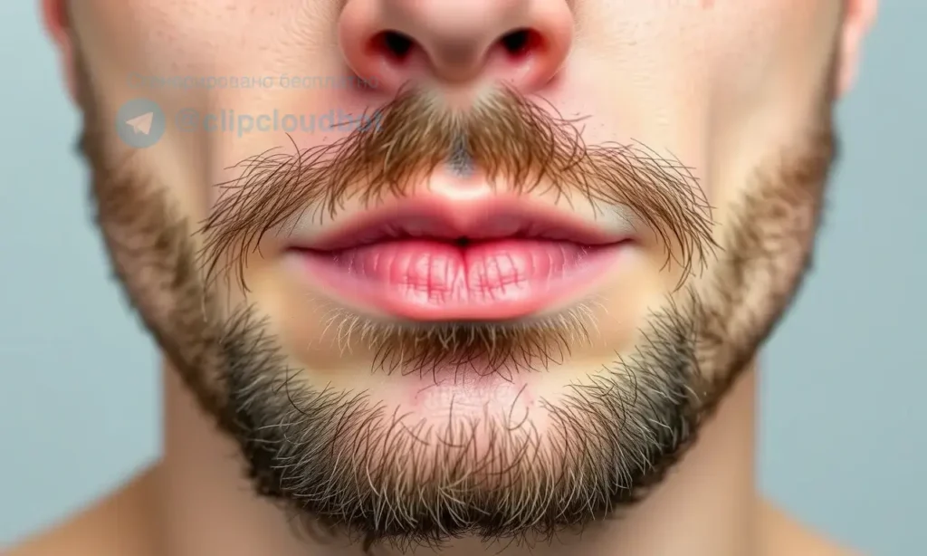 A close-up of a man's chin and lower lip area showing slightly reddened, taut skin under the beard, with subtle signs of irritation or tightness, clean and natural lighting, no text or symbols on skin, realistic detail, neutral background