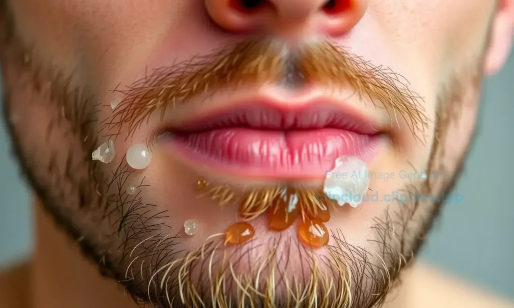 A close-up view of facial skin under a beard showing dry, flaky patches after a shower, with visible skin irritation and peeling, soft natural lighting, realistic dermatological detail, no text or symbols