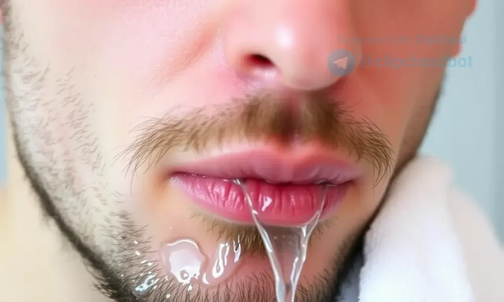 A close-up of a man's clean-shaven face with a small patch of stubble under the chin, showing slightly reddened and irritated skin beneath the chin area, with a gentle stream of lukewarm water flowing over the chin and a soft white towel nearby, emphasizing proper beard washing technique to prevent skin inflammation