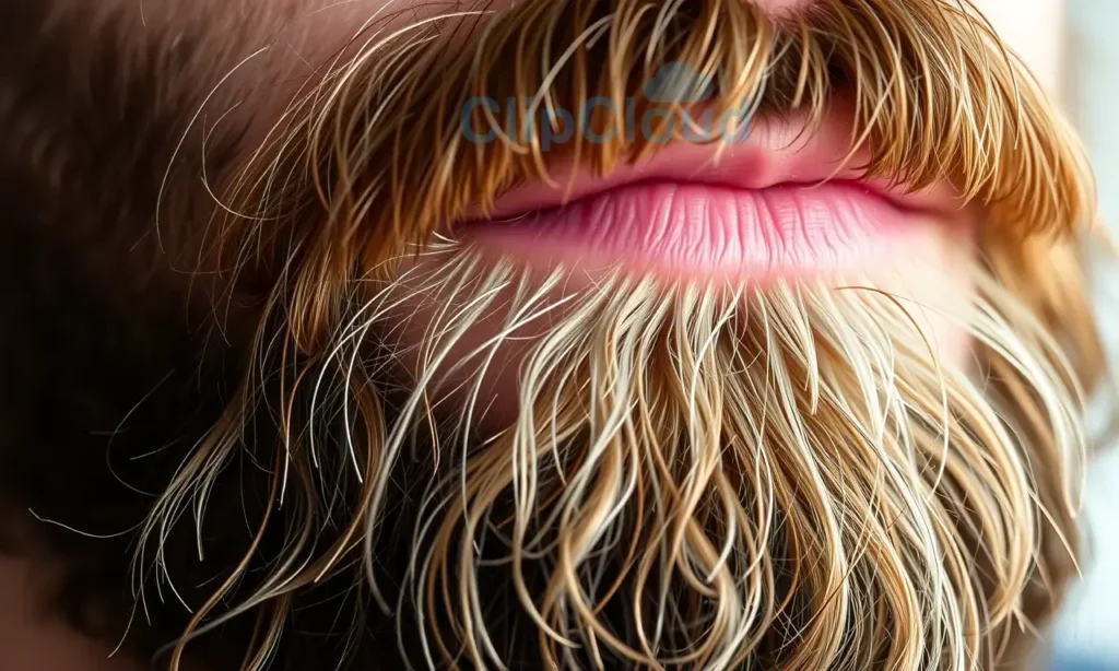 A close-up of a well-groomed beard with visible signs of neglect despite daily care: uneven stubble, dry and flaky skin underneath, patchy growth, and a few ingrown hairs, all under soft natural lighting to emphasize texture and imperfection