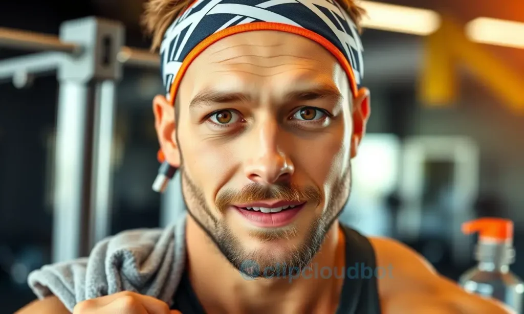 A clean-shaven man with a well-groomed short beard, wearing a sports headband and athletic shirt, holding a towel, surrounded by gym equipment like dumbbells and a water bottle, bright lighting, high detail, realistic style