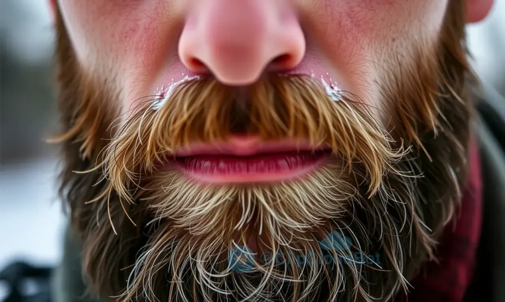 A close-up of a man's face with a well-groomed beard, showing red, irritated skin under the beard caused by cold wind, with soothing moisturizer or balm applied to the skin, natural winter outdoor setting, high quality, 1280x720