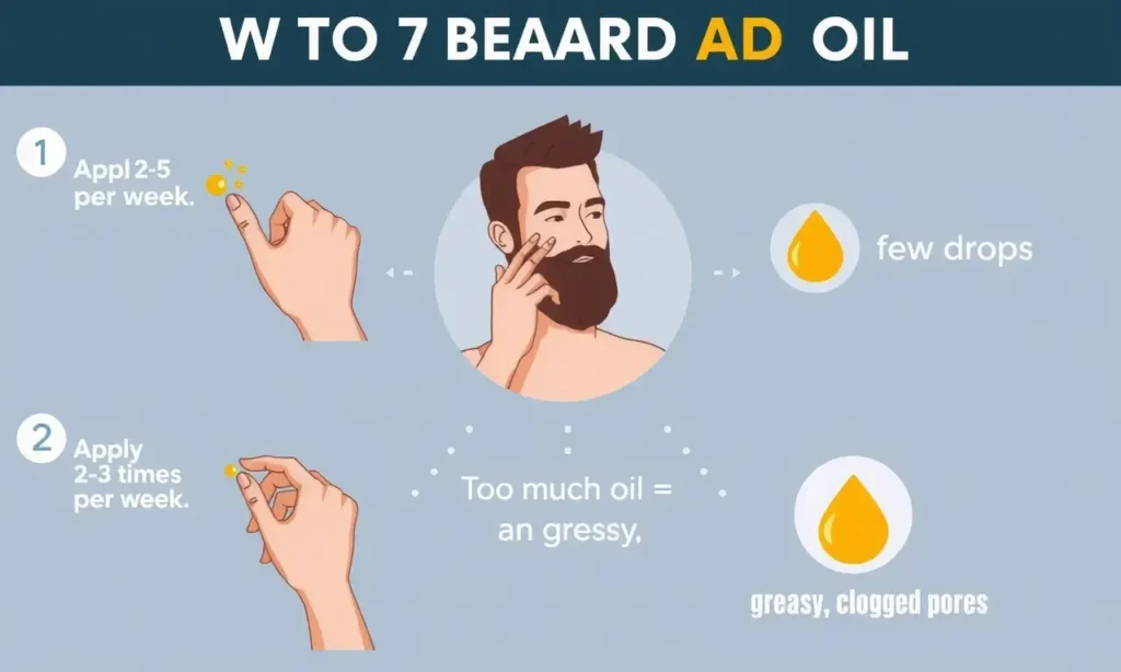 A detailed infographic showing the proper technique for applying beard oil, with step-by-step visual instructions: a man gently massaging oil into his beard using fingertips, clear labels indicating the correct amount of oil (a few drops), timing guidance (e.g., 'Apply 2-3 times per week'), and warnings about over-application (e.g., 'Too much oil = greasy, clogged pores'), all in a clean, modern style with soft colors and minimal text, no background clutter, no extra text or numbers on the image